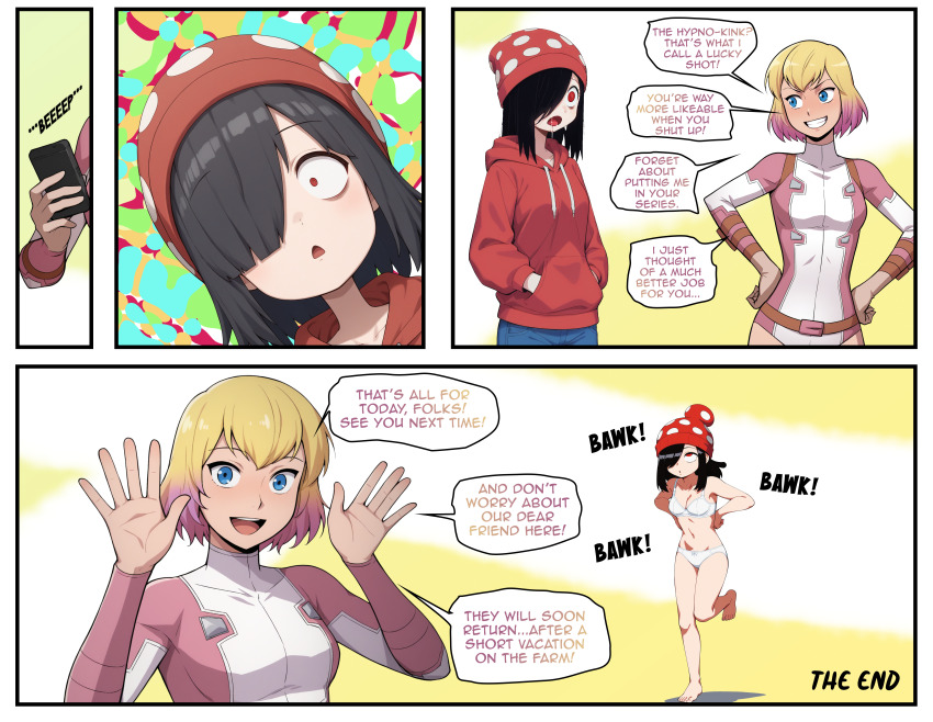 ai_art beanie black_hair blonde_hair blue_eyes bodysuit bra chicken_dance chicken_pose comic drool fungip_(generator) gwenpool hand_on_hip marvel_comics open_mouth panties phone red_eyes smirk speech_bubble sweater text white_panties