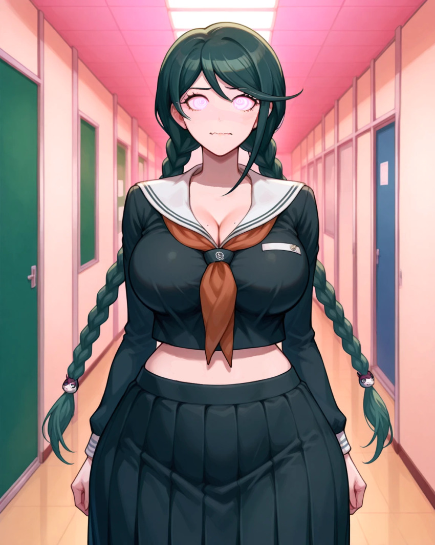 ai_art bangs black_hair braid breasts cleavage dangan_ronpa dazed female_only femsub large_breasts midriff school_uniform skirt solo spiral_eyes student touko_fukawa twintails wide_hips