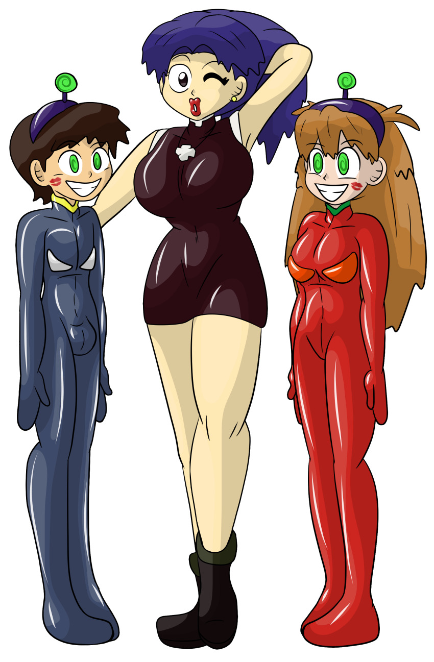 absurdres arms_above_head asuka_langley_soryu bare_legs blue_eyes blue_hair bodysuit boots brown_hair bulge dress earrings femdom femsub green_eyes hand_on_head happy_trance lipstick lipstick_mark long_hair looking_at_viewer makeup malesub misato_katsuragi multiple_subs neon_genesis_evangelion posing protoybonnie puckered_lips red_hair ring_eyes shinji_ikari short_hair simple_background smile standing standing_at_attention tagme tech_control transparent_background wink