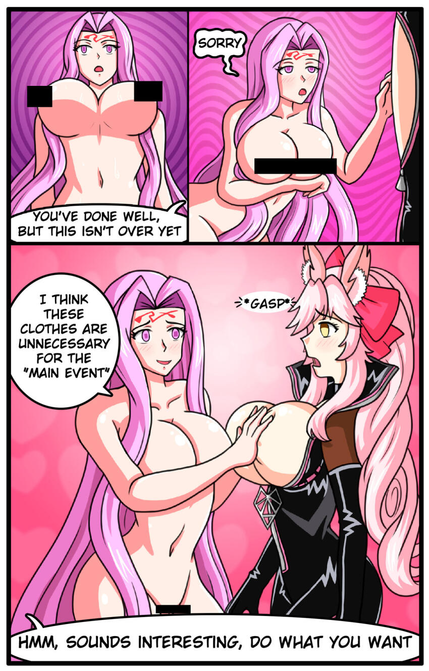 alerith blush bodysuit breast_press breasts_outside censored comic command_seal dialogue empty_eyes english_text facial_markings fate/grand_order fate/stay_night fate_(series) femsub fox_ears gloves goddess groping huge_breasts koyanskaya large_breasts maledom medusa_(fate) medusa_(rider)_(fate) midriff navel nude open_clothes open_mouth pink_hair purple_eyes purple_hair ritsuka_fujimaru_(male) speech_bubble sub_on_sub text topless very_long_hair yellow_eyes yuri