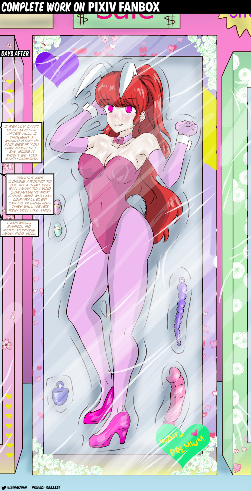 absurdres alternate_costume alternate_form alternate_hairstyle blush bondage breasts bunny_ears bunny_girl bunnysuit charm_(spell) cleavage dialogue dildo dollification english_text eye_color_change fake_animal_ears fake_tail femsub genderswap happy_trance heart high_heels ina-izumi large_breasts maledom navel pantyhose pink_eyes ponytail ranma_1/2 ranma_saotome red_hair restrained sex_toy symbol tail text tight_clothing tsubasa_kurenai very_long_hair