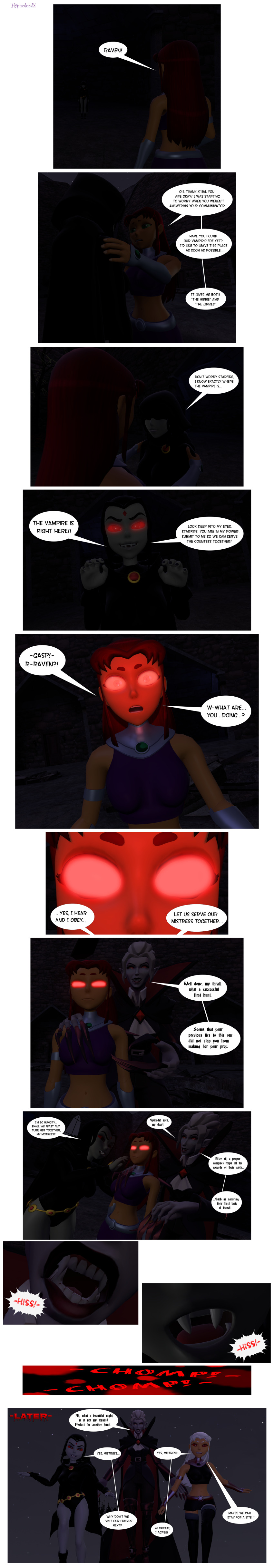 3d black_hair cape comic corruption dazed dc_comics dialogue expressionless fangs female_only femdom femsub floating glowing_eyes grey_skin hood hypnolordx hypnotic_eyes long_hair orange_skin raven red_eyes red_hair short_hair signature silver_hair source_filmmaker speech_bubble standing_at_attention starfire super_hero surprised text vampire white_hair