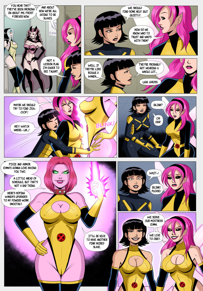 armor_(x-men) black_hair blink brown_eyes brown_hair cape cleavage cleavage_cutout collar comic corruption corset elf_ears erect_nipples female_only femdom femsub gloves glowing_eyes green_eyes harem headdress leotard long_hair marvel_comics pink_hair pixie_(x-men) polmanning rogue short_hair smile speech_bubble text wanda_maximoff white_hair x-men