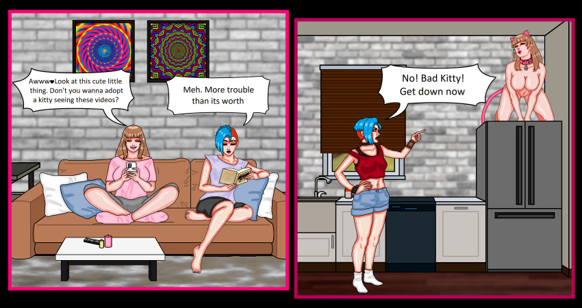 absurdres all_fours barefoot before_and_after blue_hair book brown_hair collar emily_(mspainter) english_text fake_animal_ears fake_tail female_only femdom femsub hand_on_hip humor large_breasts long_hair mspainter nude original pet_play phone piercing sharon_(mspainter) sidecut sitting smile socks speech_bubble straight-cut_bangs text