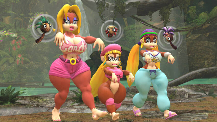 3d breasts candy_kong dixie_kong donkey_kong_(series) furry hypnotic_music large_breasts large_hips monkey_girl multiple_girls multiple_subs nintendo pikachugamer52 spiral_eyes symbol_in_eyes tiki_tak_tribe tiny_kong zombie_walk