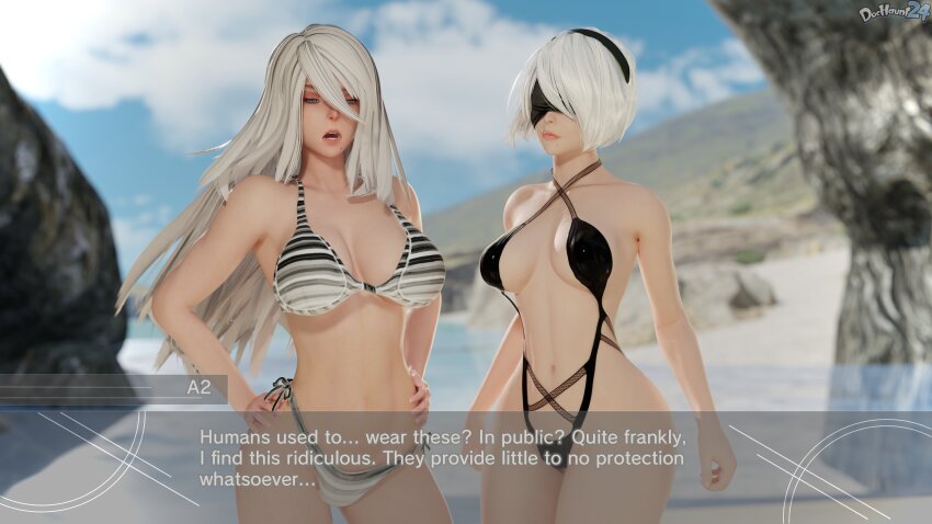 3d bikini bikini_bottom bikini_top dochaunt long_hair nier_automata robot short_hair tagme text white_hair yorha_no._2_type_b yorha_type_a_no._2