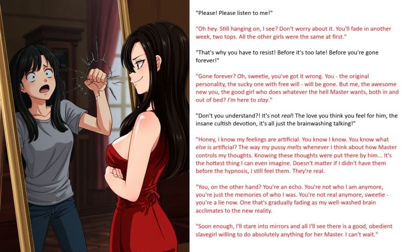 ai_art black_hair femsub long_hair mirror red_dress resisting sunt-ermico_(generator) sunt-ermico_(manipper) text