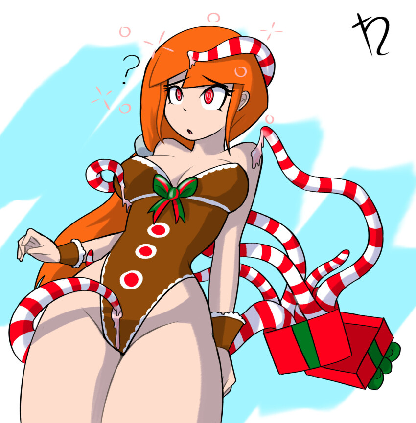 arms_behind_back bare_legs bare_shoulders blue_background box breasts candy character_request christmas cleavage confused eyebrows_visible_through_hair female_only femsub harvestman_here hypnotic_tentacle kate_(harvestman_here) large_breasts leotard long_hair open_mouth orange_hair original red_eyes restrained ribbon simple_background solo spiral spiral_eyes standing symbol_in_eyes tentacles thick_thighs thigh_gap thighs wide_hips