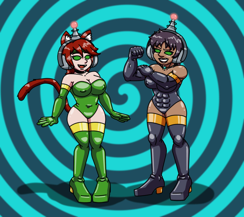 abs amber_(foolycooly) antenna black_hair brown_hair cat_ears cat_girl fembot femsub flexing green_eyes happy_trance headphones high_heels huge_breasts latex multiple_girls multiple_subs muscle_girl niamh_(foolycooly) opera_gloves original robotization short_hair smirk spiral_background spiral_eyes supertechno324 swimsuit tail tech_control thigh_boots tomboy