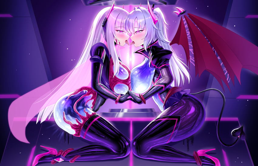 bangs blue_archive blush bodysuit breast_press cape crotch_rub cuffs female_only femsub french_kiss gloves horns iroame large_breasts latex long_hair miniskirt multiple_girls multiple_subs noa_(blue_archive) opera_gloves pink_hair rubber skirt slime tail tongue tongue_out twintails very_long_hair white_hair wings yuri yuuka_(blue_archive)