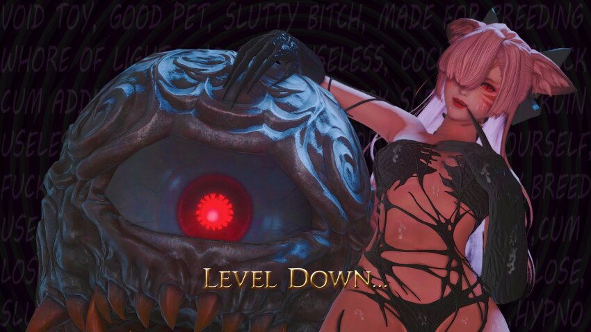 final_fantasy_xiv glowing_eyes hair_covering_one_eye looking_at_viewer miwwuh original pink_hair pov_sub red_eyes