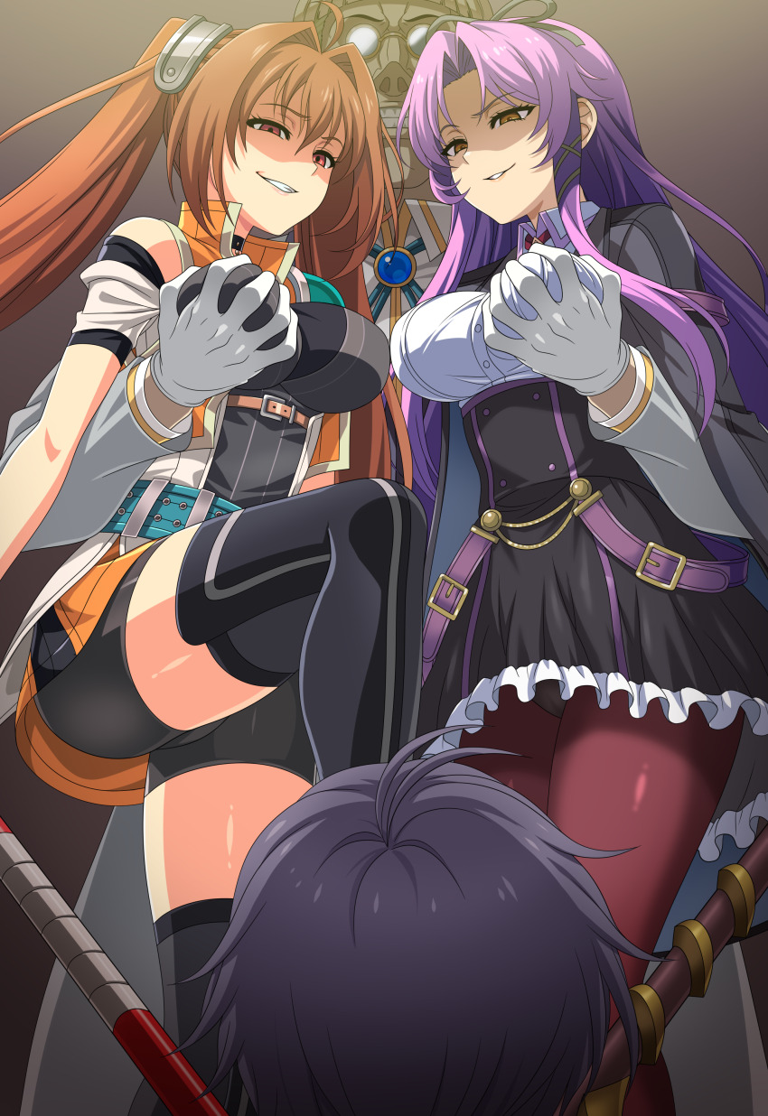 ahoge breast_fondling brown_hair character_request clothed corruption estelle_bright evil_smile femsub glasses gloves happy_trance large_breasts long_hair maledom malesub netorare pantyhose purple_hair red_eyes renne_bright short_hair sirano smile staff stepped_on tagme the_legend_of_heroes thighhighs thighs weapon yellow_eyes
