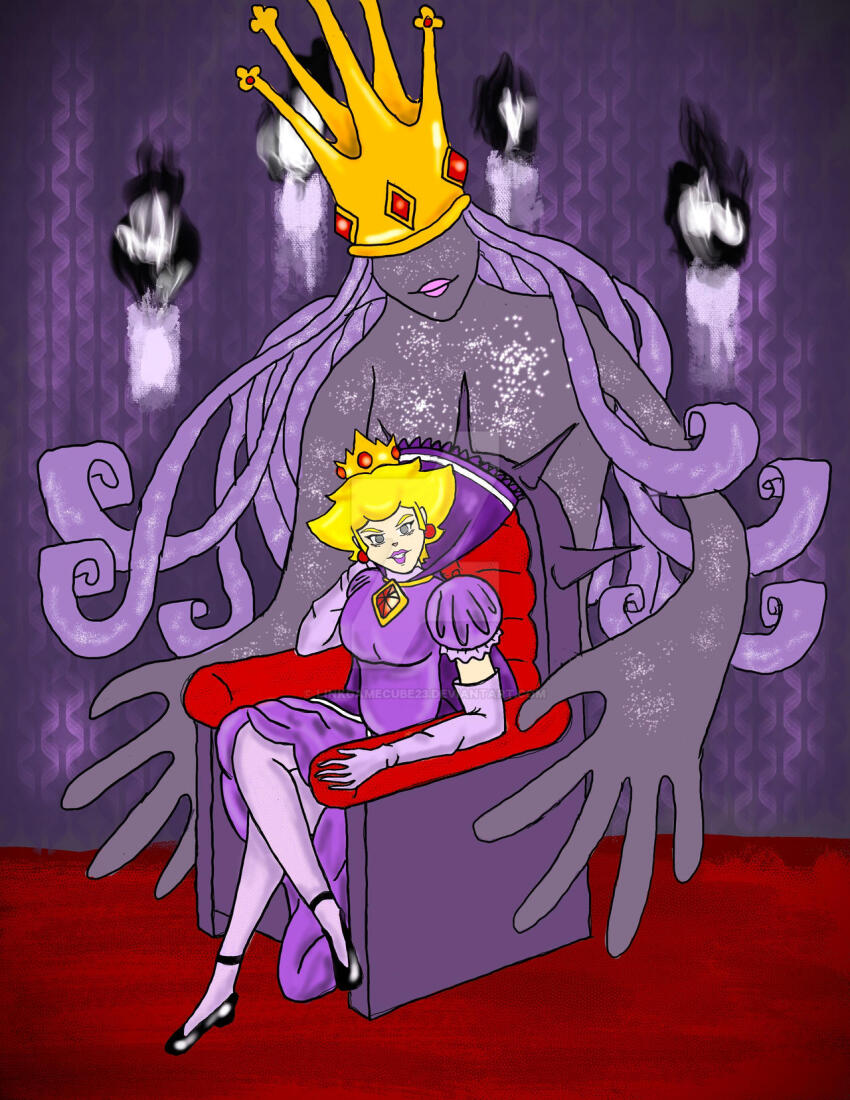 alternate_color_scheme alternate_costume alternate_hairstyle blonde_hair chair clothed corruption crossed_legs dress empty_eyes eye_color_change female_only femdom femsub gloves grey_eyes linkgamecube23 lipstick long_hair looking_at_viewer makeup nintendo paper_mario paper_mario:_the_thousand_year_door possession princess princess_peach purple_hair queen royalty shadow_queen sitting super_mario_bros. very_long_hair