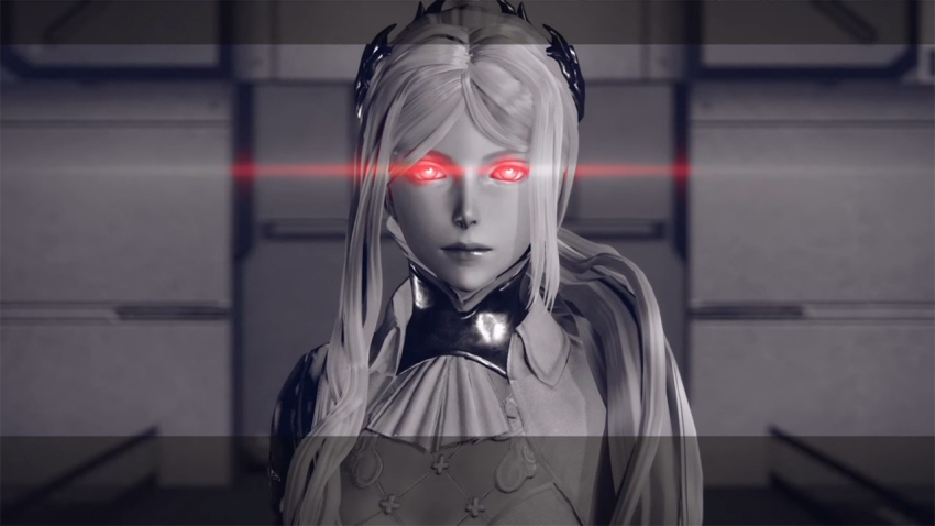 corruption female_only femsub glowing glowing_eyes long_hair looking_at_viewer nier nier_automata red_eyes screenshot spoilers virus yorha_infantry_squad_commander