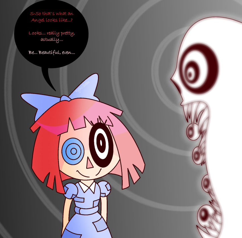 angel angel_(the_amazing_digital_circus) arms_behind_back bow dress eyelashes femsub gradient_background happy_trance heterochromia hypnoscream hypnotic_creature hypnotic_eyes multiple_eyes nightmare_fuel ragatha red_eyes ring_background ring_eyes sharp_teeth shiny_hair smile speech_bubble text the_amazing_digital_circus