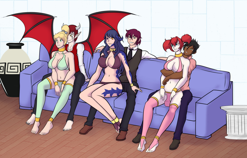 au_ra barefoot bat_wings black_hair blue_hair breasts character_request cleavage cleo_(bh_cleo) couch crimson_(stepfordcrimson) d-zen_(vanillahypnotist) dark_skin demon demon_boy elf_ears empty_eyes femsub final_fantasy final_fantasy_xiv happy_trance harem_outfit heterochromia horns hug incubus karyu_ginsora_(saibot) katsiika large_breasts long_hair maledom midriff multiple_boys multiple_doms multiple_girls multiple_subs navel original ponytail red_hair short_hair sitting square_enix twintails wings