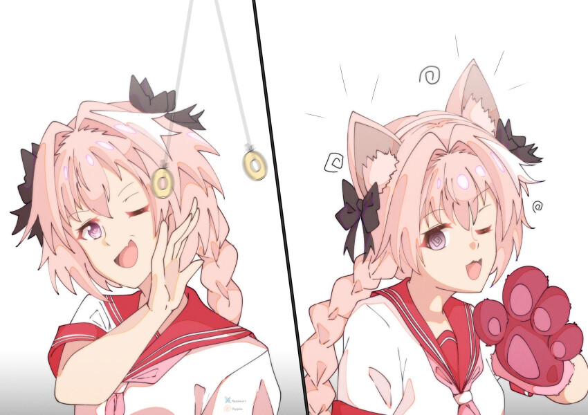 astolfo_(fate/grand_order) before_and_after braid cat_boy clothed coin comic eyebrows_visible_through_hair fake_animal_ears fate/apocrypha fate/grand_order fate_(series) femboy gojulas gradient_background grey_background hair_ribbon happy_trance long_hair male_only malesub multicolored_hair one_eye_open open_mouth paws pendulum pet_play pink_hair purple_eyes resisting school_uniform simple_background smile solo spiral spiral_eyes tie white_background white_hair wink