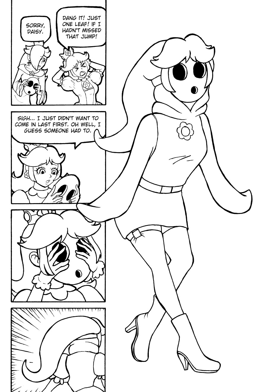 absurdres breasts closed_eyes clothed comic crown dialogue dress earrings english_text gloves greyscale hair_covering_one_eye jesturia jewelry long_hair mask multiple_girls new_super_mario_bros._u_deluxe nintendo open_mouth opera_gloves princess princess_daisy princess_rosalina royalty shyguy speech_bubble super_mario_bros. super_mario_galaxy tagme text