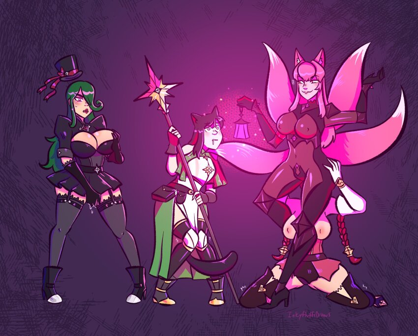 accord_(accord) animal_ears arya_(snowylight) black_hair breasts cleavage drool female_only femdom femsub green_hair hair_covering_one_eye hat hypnotic_light inkyfluffsdraws kya_(nazwa) long_hair masturbation multiple_girls multiple_subs open_clothes original pink_hair spiral_eyes staff tail viltai_(viltai) yuri