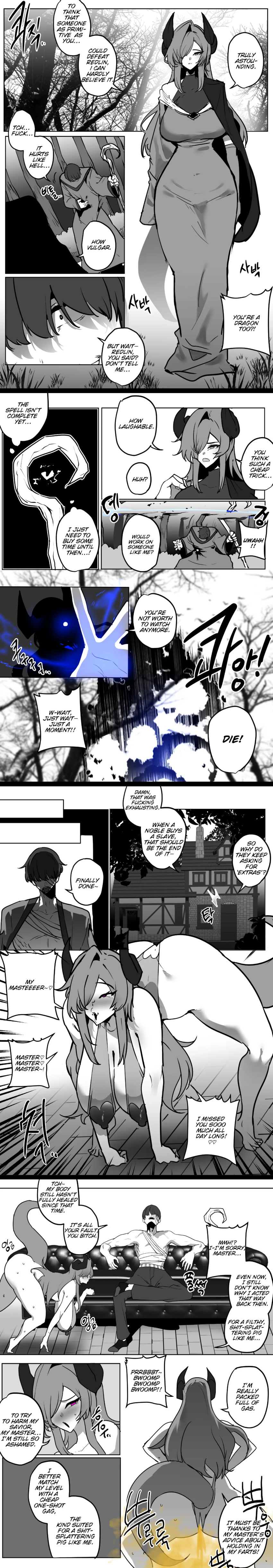 absurdres all_fours bandage blush breasts buttermagarin clothed dialogue dragon_girl english_text fart femsub hair_covering_both_eyes hair_covering_one_eye hard_translated horns instant_loss maledom nipples nude original pet_play pink_eyes short_hair sweat tail text translated very_long_hair