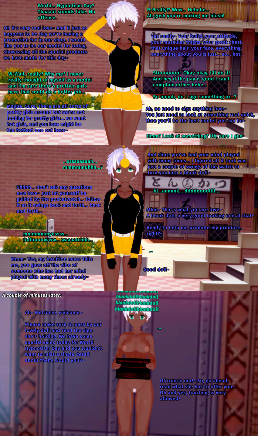 3d absurdres amber_(liz_b) cyan_eyes dark_skin dialogue drool empty_eyes english_text eye_roll female_only femdom femsub fingerless_gloves human_furniture jacket koikatsu! liz_b nipples nude open_mouth original pocket_watch pubic_hair shorts smile text tomboy white_hair