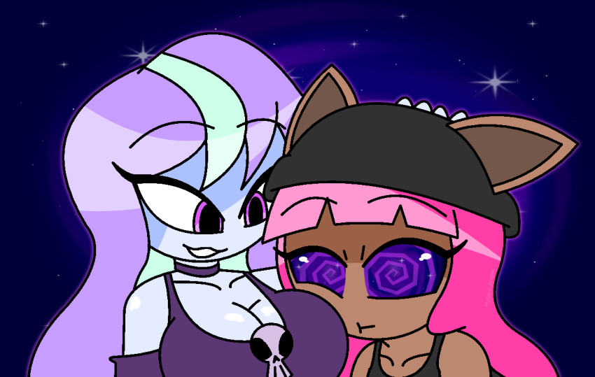 aged_up animal_ears arm_warmers aura bare_shoulders beanie blue_background blue_skin cleavage collarbone eyebrows_visible_through_hair eyelashes female_only femdom femsub hand_on_hip head_in_breasts howleen_wolf hypnoscream large_breasts monster_girl monster_high multicolored_hair pink_hair purple_eyes shiny_hair shiny_skin simple_background smile spiralwash_eyes straight-cut_bangs tank_top twyla_boogeyman werewolf_girl yuri