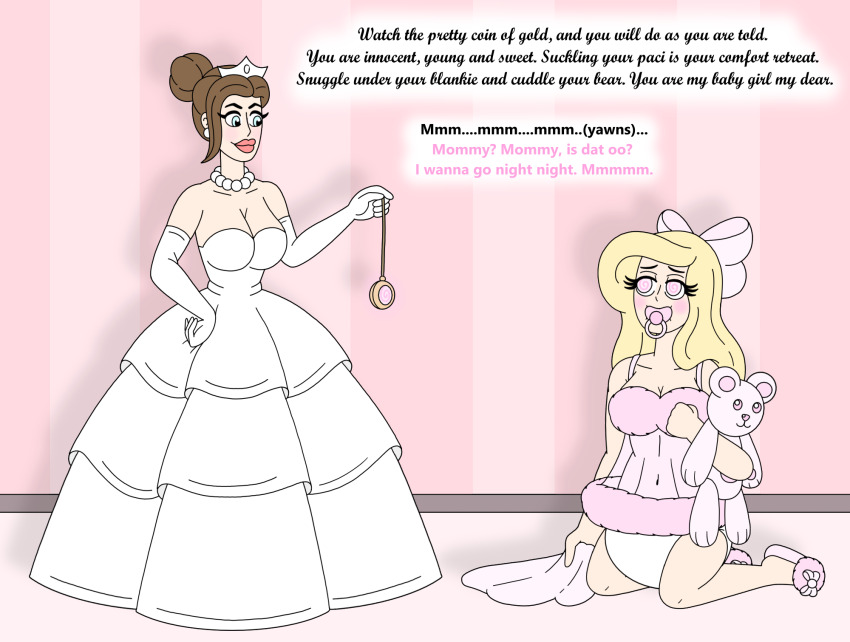 age_regression blonde_hair blue_eyes bow brown_hair coin crown diaper earrings english_text femdom feminization gloves hypnotic_eyes lingerie malesub mommy necklace nightgown pacifier pendulum pink_eyes sissy sissyprincessbrianna slippers stuffed_animal text wedding_dress