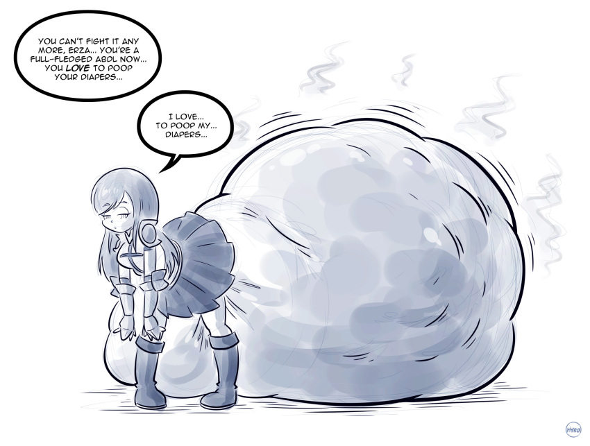age_regression bent_over boots brain_drain dialogue diaper english_text erza_scarlet fairy_tail female_only femsub hyrosdiaperdivas long_hair scat sketch skirt spiral spiral_eyes text