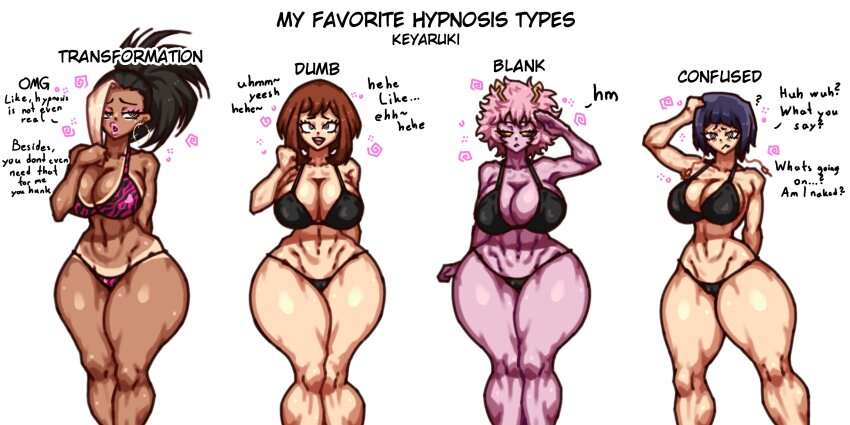 bimbofication black_eyes black_hair black_sclera bra brain_drain brown_hair clothed dialogue earrings english_text female_only femsub horns keyaruki kyoka_jiro mina_ashido momo_yaoyorozu multiple_girls multiple_methods_of_hypnosis multiple_subs my_hero_academia ochaco_uraraka panties pink_hair pink_skin short_hair spiral spiral_eyes symbol_in_eyes tan_lines tan_skin text thick_thighs transformation underwear wide_hips yellow_eyes