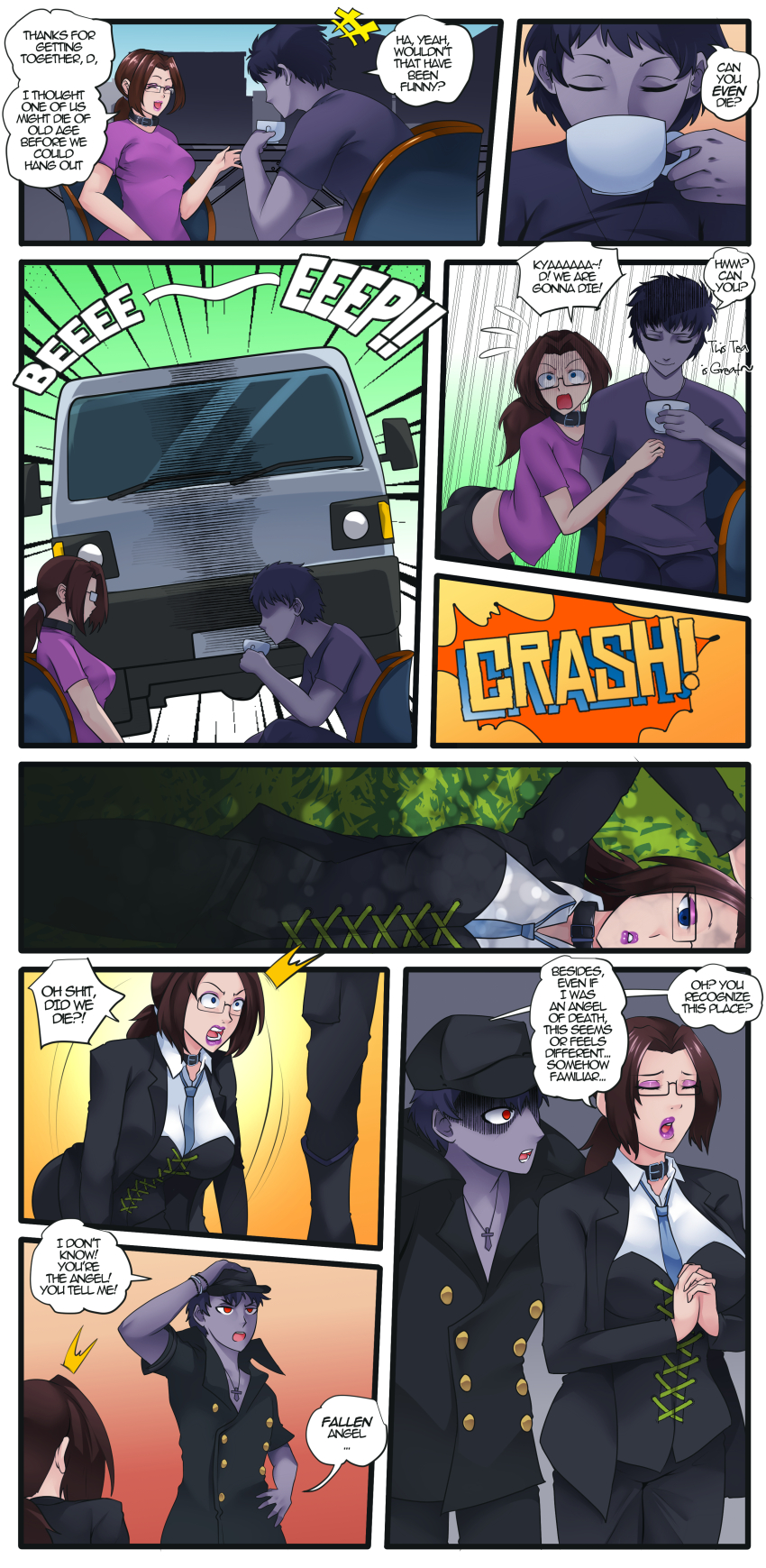 angel angel_girl anita_(anidelos) azmidiot blue_eyes brown_hair coat collar comic corset dahypnoman_(dahypnoman) death glasses grey_hair grey_skin hat necklace original ponytail red_eyes text the_world_ends_with_you tie tied_hair