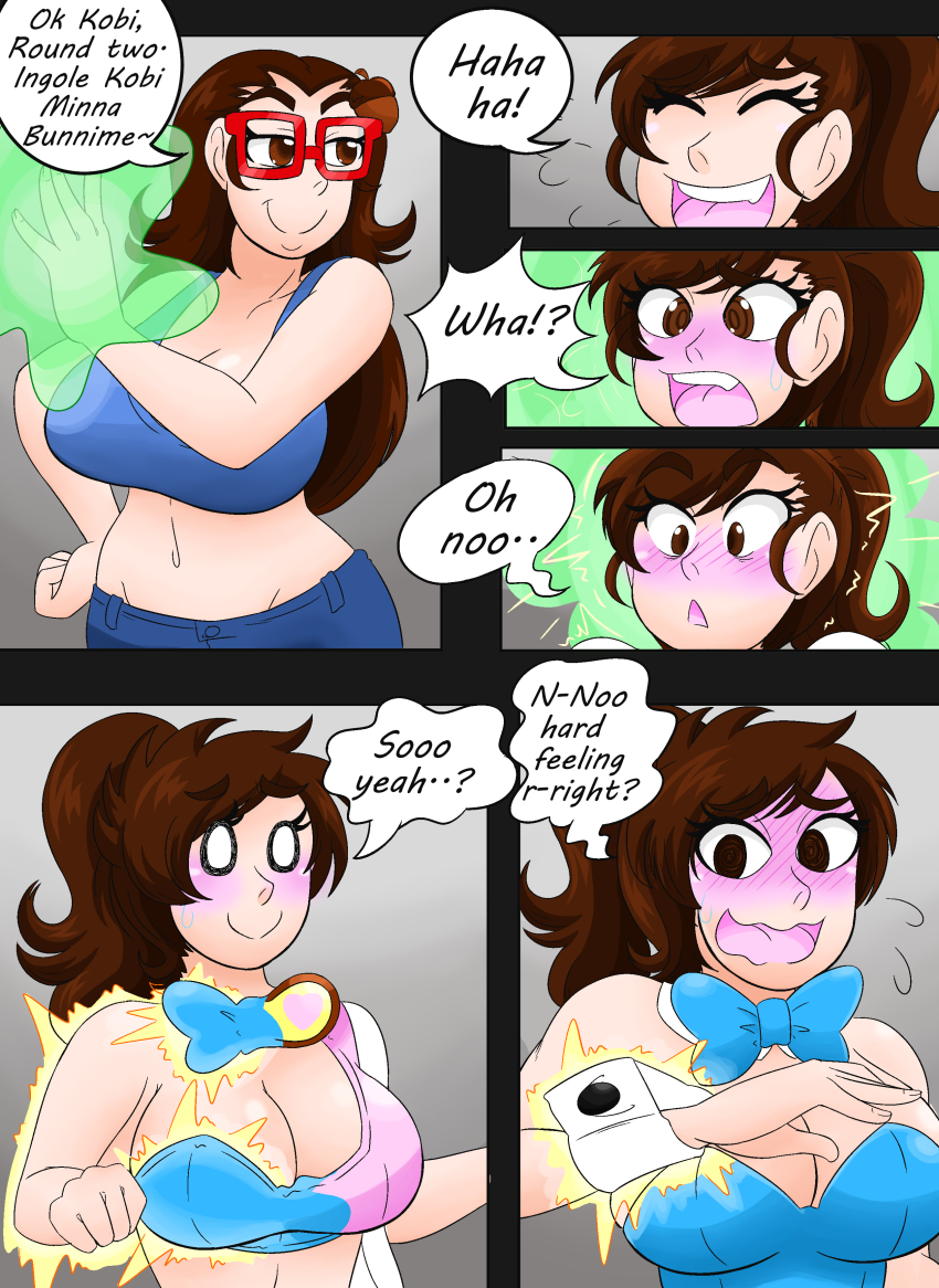 blush brown_hair bunny_girl bunnysuit cleavage comic crop_top dialogue glasses jeans kobi94 large_breasts long_hair magic midriff ponytail speech_bubble transformation