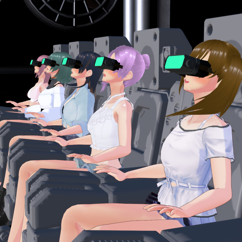 3d bangs bare_shoulders black_hair blush brown_hair chair corruption dead_or_alive drool elise_(dead_or_alive) female_only femsub glowing green_hair honoka_(doa) ikoul koikatsu! long_hair midriff misaki_(dead_or_alive) multicolored_hair multiple_girls multiple_subs nanami_(dead_or_alive) navel open_mouth pink_hair purple_hair red_hair restrained short_hair shorts side_ponytail sitting skirt tamaki_(dead_or_alive) tech_control tied_hair visor