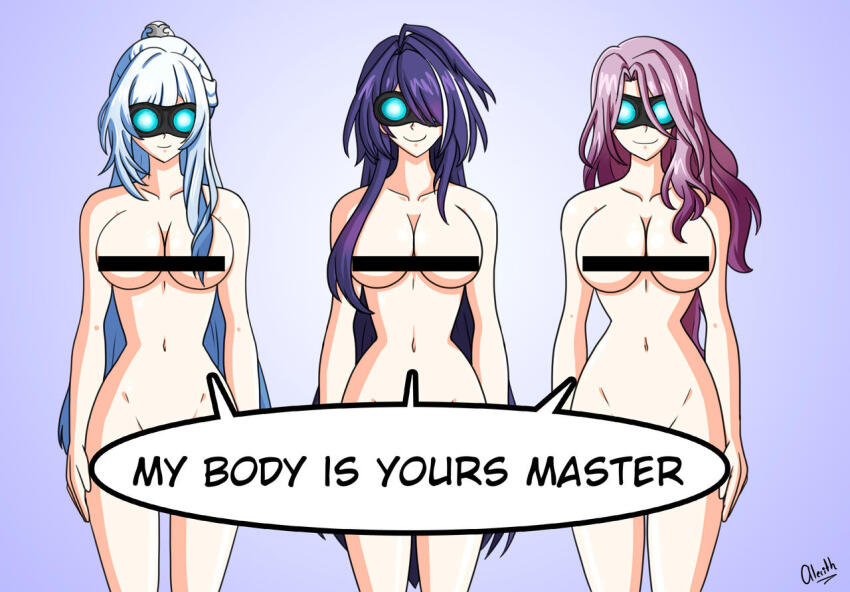 acheron_(honkai_star_rail) alerith bare_legs bare_shoulders blue_background blue_eyes bottomless censored cleavage dialogue english_text female_only femsub goggles goggles_on_head hair_covering_one_eye happy_trance honkai_star_rail hypnotic_clothing jade_(honkai_star_rail) jingliu_(honkai_star_rail) legs midriff navel pink_hair purple_hair red_hair simple_background smile speech_bubble tagme text thighs topless very_long_hair white_hair