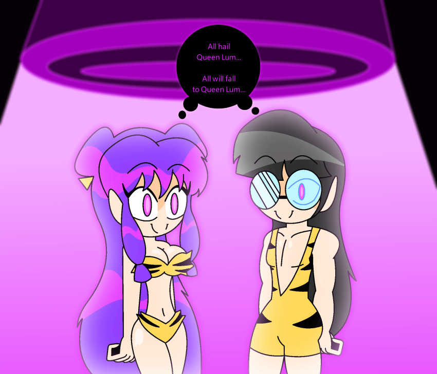 abs alien arms_behind_back bare_legs bare_shoulders bikini cleavage cosplay crossover eyebrows_visible_through_hair femsub glasses glowing_eyes hair_buns hair_clips happy_trance hourglass_figure hypnoscream hypnotic_light large_breasts leopard_print long_hair looking_at_viewer lum malesub mousse_(ranma1/2) navel purple_eyes purple_hair ranma_1/2 shampoo_(ranma_1/2) simple_background smile standing text urusei_yatsura wide_hips