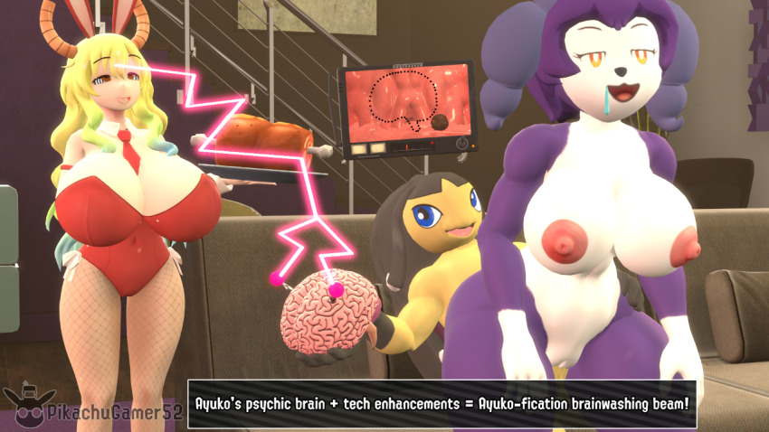 ayuko_(jcroth) bare_breasts bare_legs bare_shoulders brain breasts brown_hair bunny_ears bunny_girl bunnysuit drool external_brain femsub fishnets furry happy_trance huge_breasts indeedee mawile miss_kobayashi&#039;s_dragon_maid multiple_girls multiple_subs nintendo nipples nude original pikachugamer52 pokemon quetzalcoatl_(maidragon) spiral spiral_eyes tech_control tie