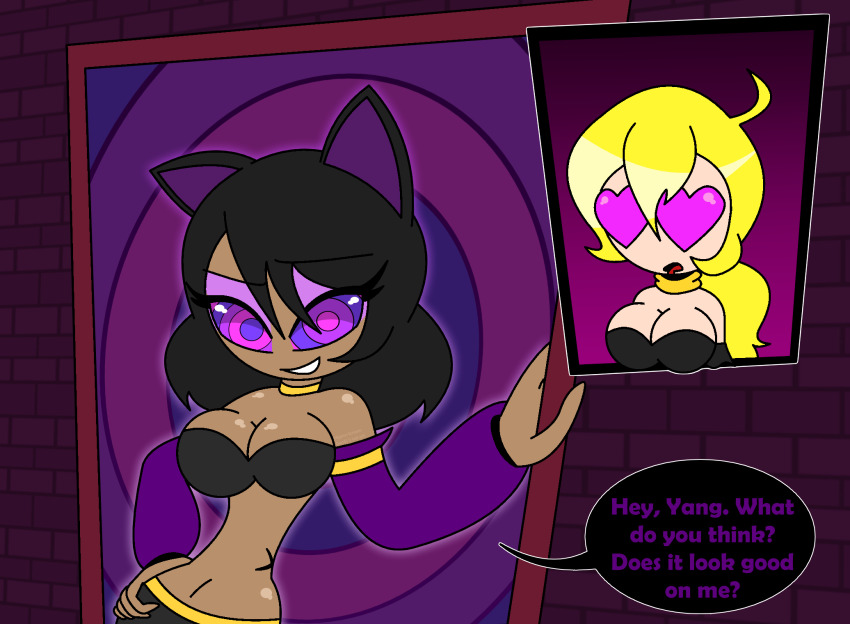 ahoge alternate_costume arm_warmers aura bare_shoulders bisexual black_hair blake_belladonna blonde_hair cat_ears cat_girl cleavage drool english_text eyebrows_visible_through_hair eyelashes eyeshadow femdom femsub harem_outfit heart_eyes hypnoscream hypnotic_eyes large_breasts long_hair looking_at_viewer love midriff multicolored_eyes navel open_mouth ponytail posing pride_colors purple_eyes ring_background ring_eyes rwby scar scarf shiny_hair shiny_skin short_hair simple_background smile speech_bubble yang_xiao_long yuri