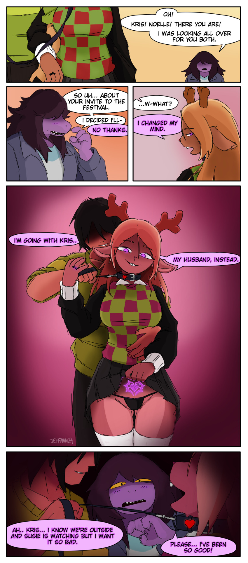 black_hair blonde_hair blush collar comic crotch_tattoo deer_girl deltarune dialogue english_text eyebrows_visible_through_hair femsub glowing_eyes heart heart_eyes jeffman24 kris_(deltarune) leash long_hair noelle_holiday non-binary_dom open_mouth purple_eyes ring sharp_teeth short_hair skirt skirt_lift tattoo text thigh_gap thighhighs