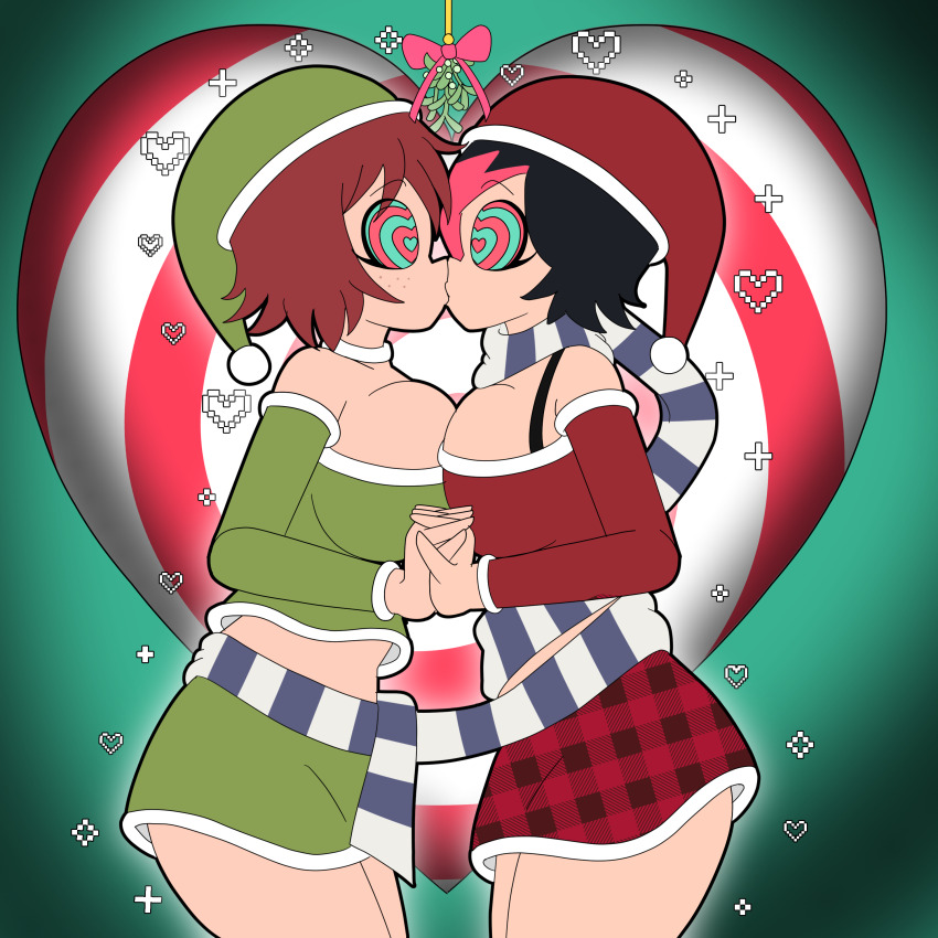 absurdres black_hair breast_press choker christmas crop_top female_only femsub hat heart heart_eyes holding_hands huge_breasts kim_pine kissing knives_chau midriff miniskirt mistletoe multiple_subs red_hair ring_eyes santa_hat scarf scott_pilgrim_(series) short_hair skirt sparkle tagme yuri zombi62