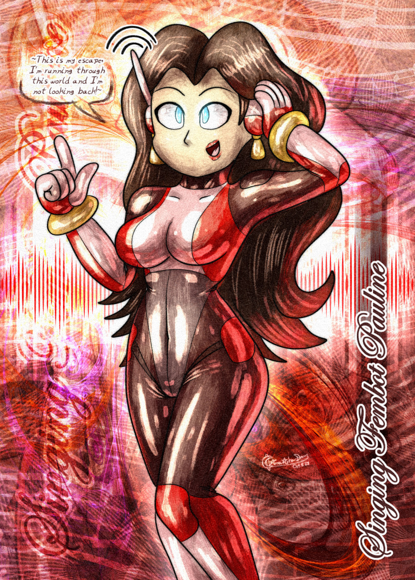 ameerashourdraws antenna blue_eyes brown_hair dialogue empty_eyes femsub latex long_hair nintendo pauline robotization singing speech_bubble super_mario_bros. tagme tech_control