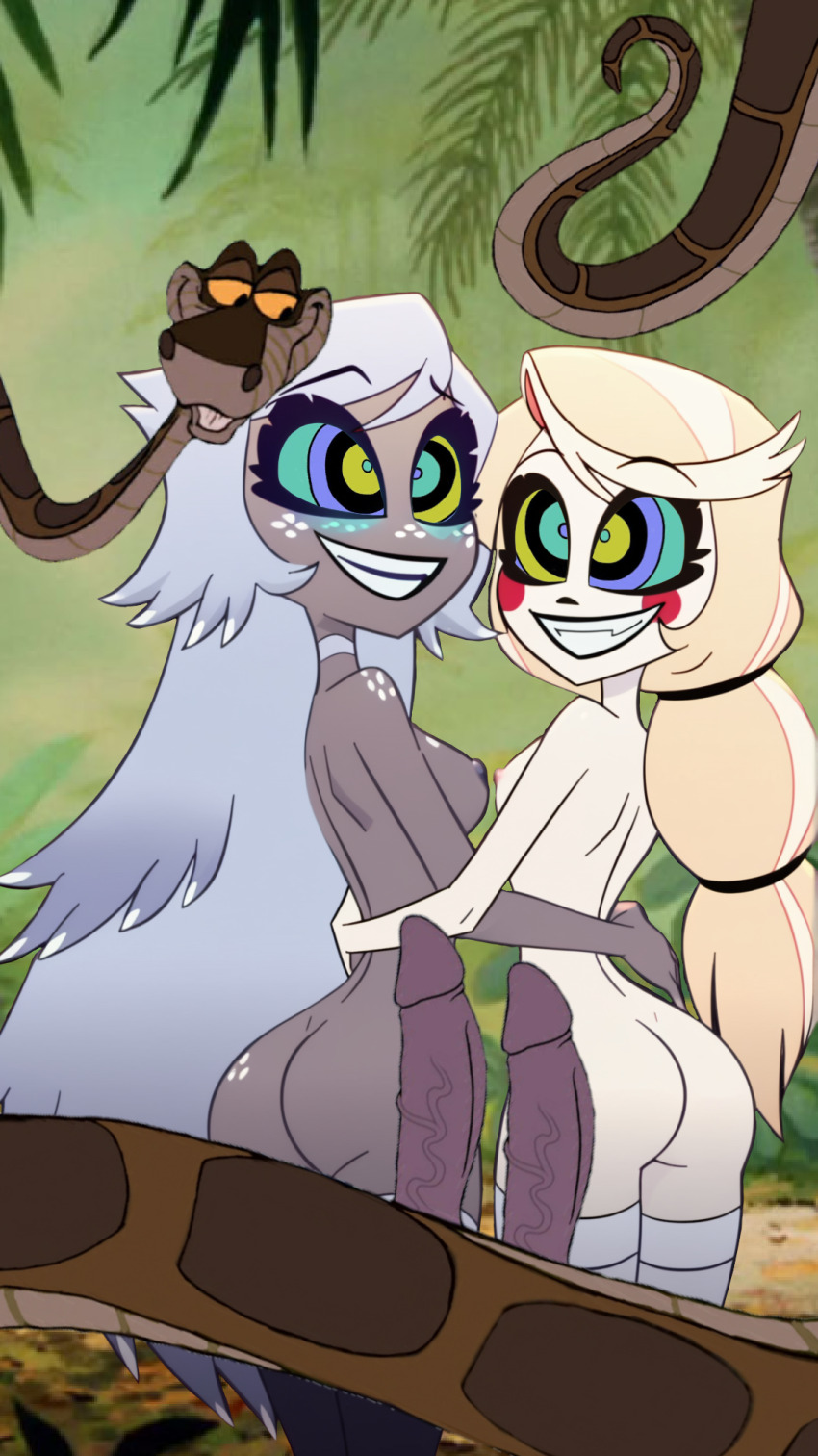 ass blonde_hair breasts charlie_(hazbin_hotel) coils disney double_penis emily_(hazbin_hotel) femsub freckles grey_skin happy_trance hazbin_hotel jungle kaa kaa_eyes maledom multiple_girls nude penis silver_hair smile snake sneakysnake_(manipper) standing tail the_jungle_book white_skin