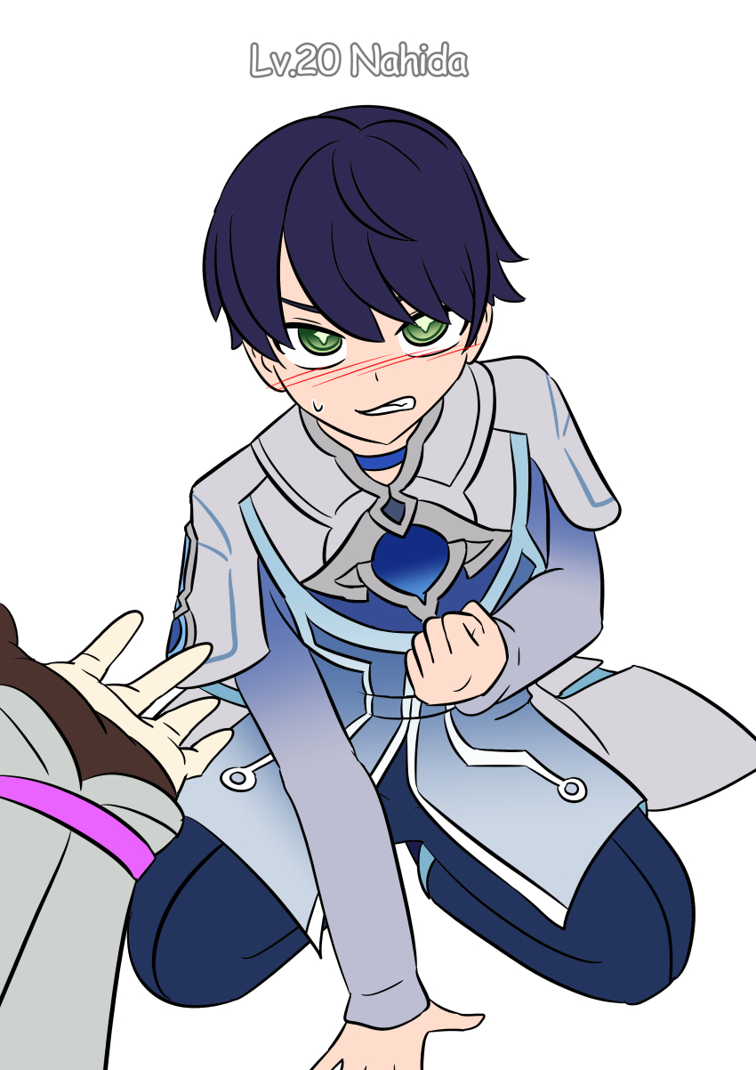 blush body_swap clothed english_text eye_color_change femsub genshin_impact green_eyes kneeling looking_at_viewer lumine_(genshin_impact) maledom nahida_(genshin_impact) possession pov pov_dom pov_sub scaramouche_(genshin_impact) short_hair simple_background sweat text vel wanderer_(genshin_impact) white_background