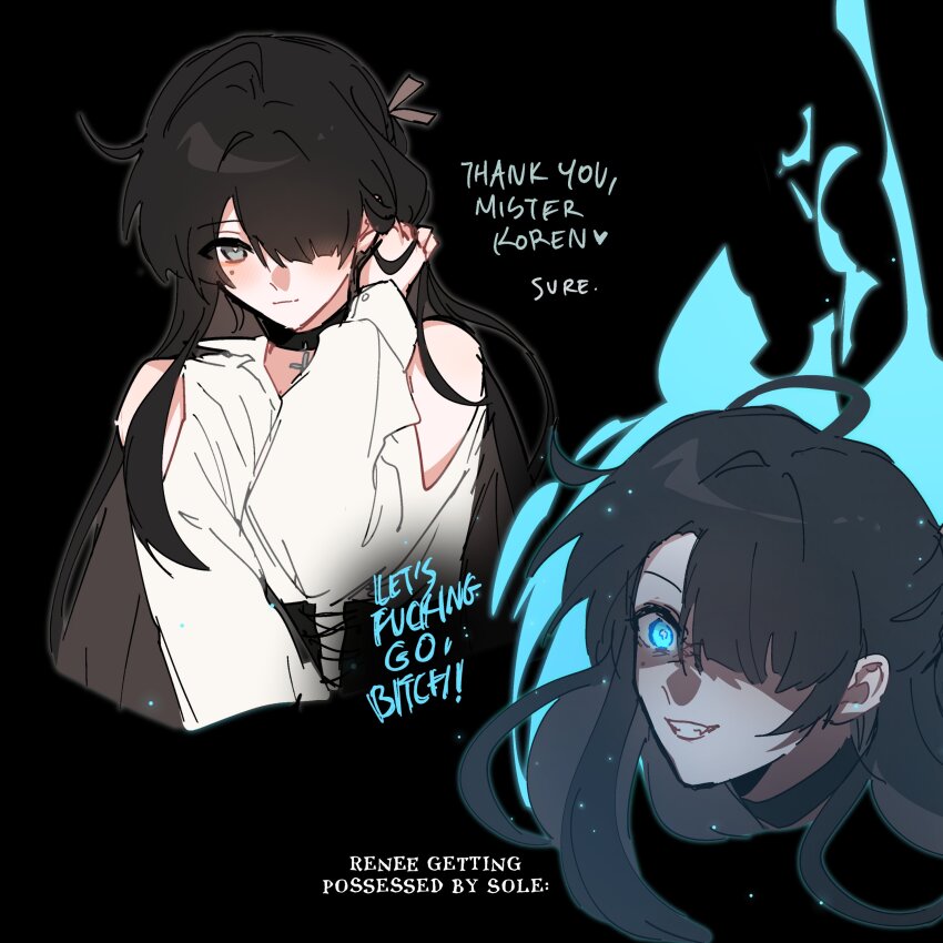 aura aware before_and_after black_background blue_eyes blush clothed dialogue dreamycakesss english_text eye_color_change femsub flame glowing_eyes grey_eyes hair_covering_one_eye heart koren_(dreamycakesss) long_hair maledom mole original possession renee_(dreamycakesss) shirt simple_background sole_(dreamycakesss) text