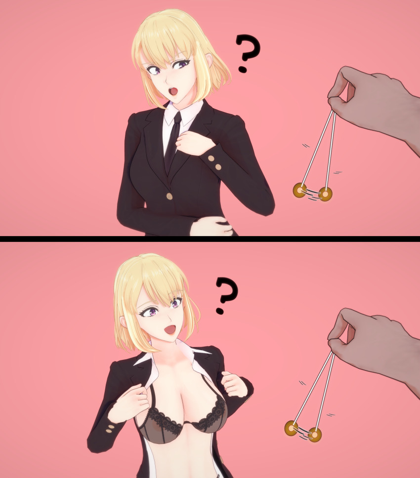 3d before_and_after blonde_hair bra breasts cha_hae-in coin confused eyelashes femsub ggman koikatsu! lace lingerie lipstick makeup midriff open_clothes open_mouth orange_background pendulum presenting purple_eyes see-through sequence short_hair simple_background solo_leveling suit tie underwear undressing