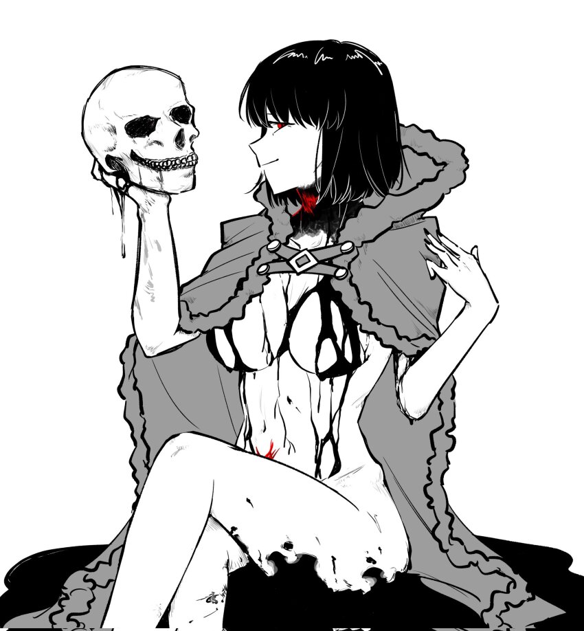 bare_legs bare_shoulders blood body_markings breasts ciel_(tsukihime) cloak convenient_censoring corruption crossed_legs crotch_tattoo eye_color_change femsub haman_0110 legs looking_at_viewer maledom michael_roa_valdamjong midriff monochrome nail_polish navel possession red_eyes short_hair simple_background sitting skull slit_pupils tattoo tsukihime vampire white_background
