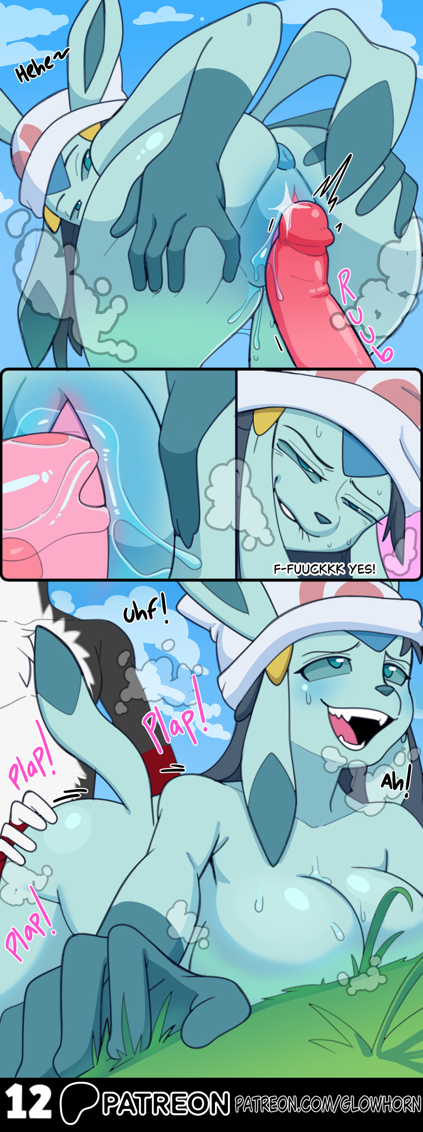 absurdres anus artifact_the_fox ass ass_grab biting black_hair blue_eyes blue_hair blue_skin breasts comic corruption dawn dialogue erection femsub fox_boy from_behind furry glaceon glowhorn hair_clips hair_ornament hand_on_hip hat large_breasts large_penis lip_biting looking_back maledom nintendo nude open_mouth original penis pokemon pokemon_(creature) presenting pussy pussy_juice sex sharp_teeth shiny_skin simple_background smile steam sweat tail tongue vaginal veins