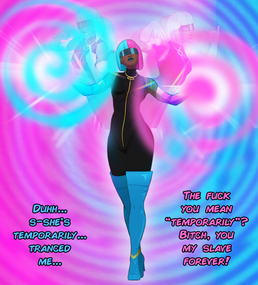 3d blue_hair bodysuit dark_skin dispatch_(game) female_only femdom gloves high_heels humor lipstick manip pink_hair pov prism_(dispatch) short_hair sleepyhead97_(manipper) solo spiral super_hero text thigh_boots visor