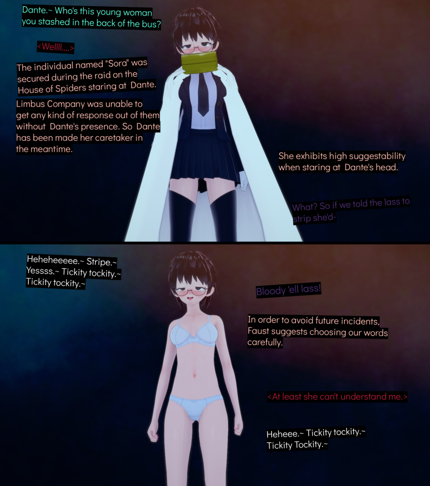 3d black_hair cyanstargazer dialogue empty_eyes femsub glasses happy_trance koikatsu! limbus_company skirt sora_(limbus_company) suit text tie underwear