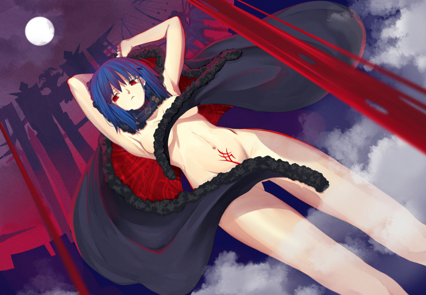 alternate_costume armpits arms_above_head bare_legs blood blue_hair body_markings bottomless breasts ciel_(tsukihime) cloak convenient_censoring corruption crotch_tattoo expressionless eye_color_change femsub iro_(sekaixiro) legs maledom michael_roa_valdamjong midriff navel night outdoors possession red_eyes short_hair solo tattoo thigh_gap topless tsukihime vampire