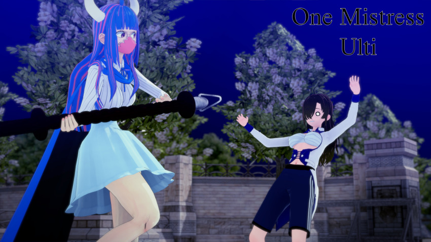 3d aware bare_legs blue_hair brown_hair clothed cover cyanstargazer english_text female_only horns legs long_hair mask multicolored_hair multiple_girls night one_piece outdoors pink_eyes pink_hair text trees ulti_(one_piece) weapon white_eyes