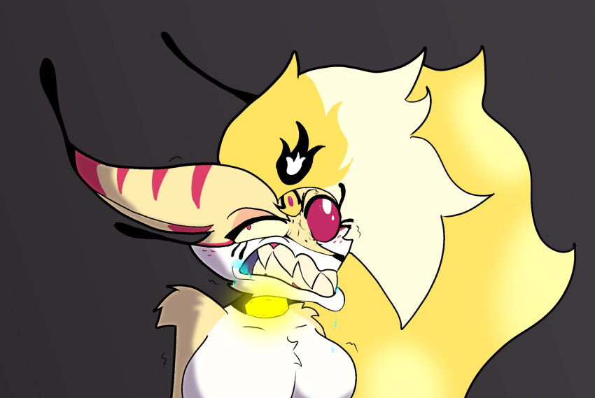 anouras beelzebub_(helluva_boss) bottomless cleavage collar fangs furry glowing helluva_boss nude queen_bee resisting sharp_teeth tech_control topless unhappy_trance